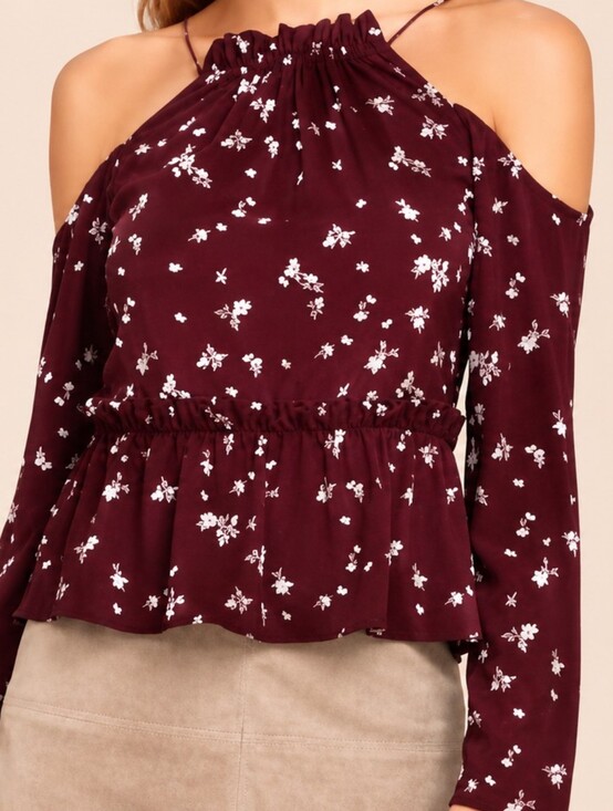 Tavik Tops - Tavik Y2K Fairycore Wine Red Cold Shoulder Blouse With White Floral Size Medium